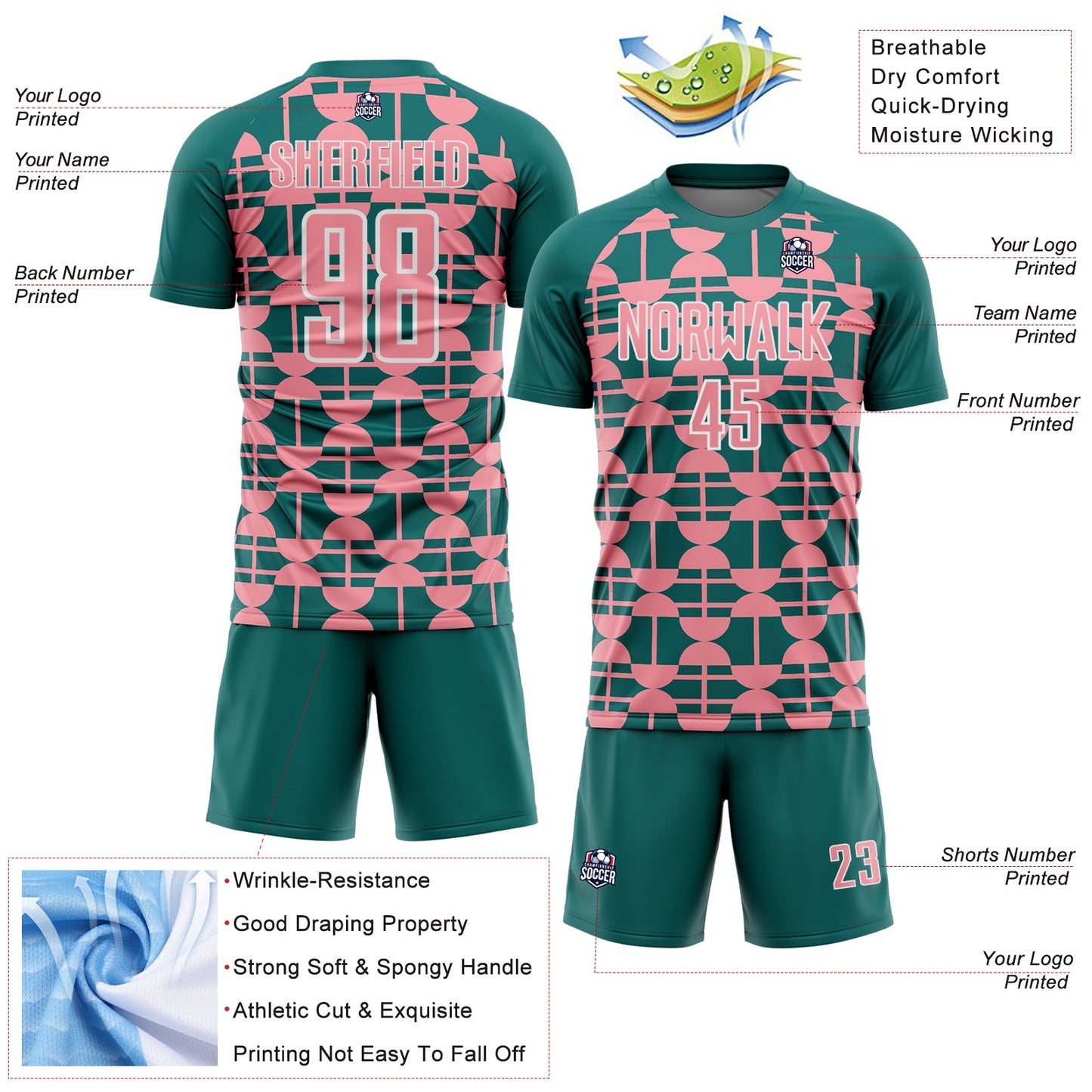 Custom Teal Medium Pink-White Geometric Shapes Sports Sublimation Soccer Uniform Jersey view 4