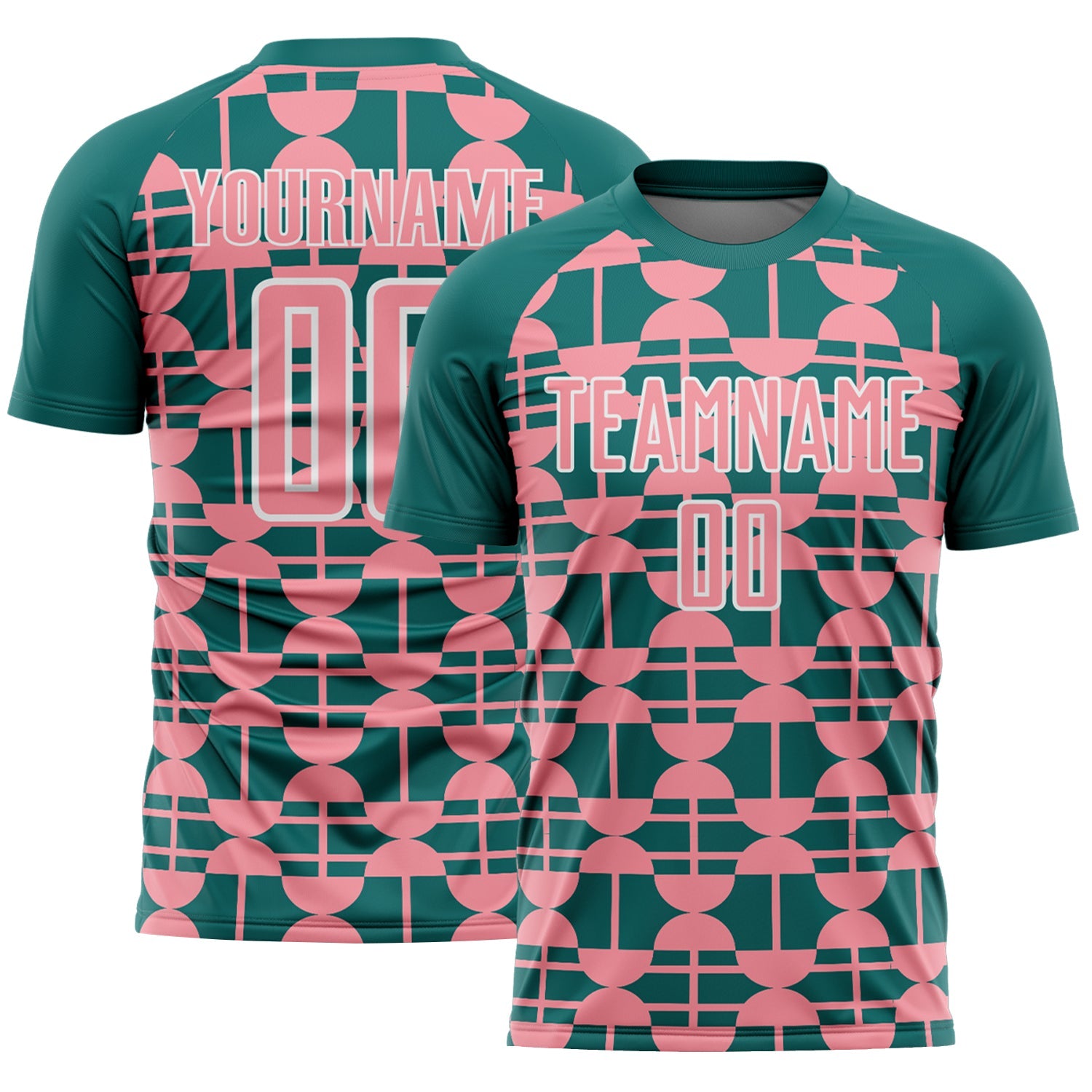 Custom Teal Medium Pink-White Geometric Shapes Sports Sublimation Soccer Uniform Jersey - Main View