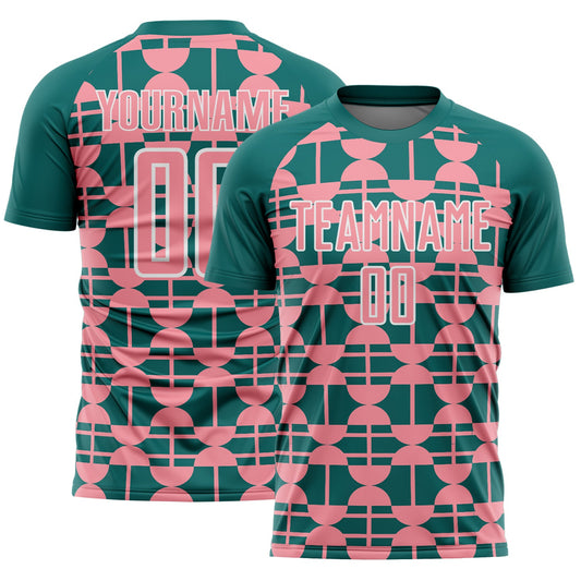 Custom Teal Medium Pink-White Geometric Shapes Sports Sublimation Soccer Uniform Jersey - Main View