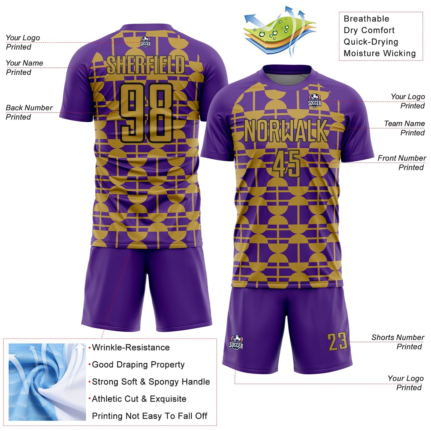 Custom Purple Old Gold-Black Geometric Shapes Sports Sublimation Soccer Uniform Jersey view 4