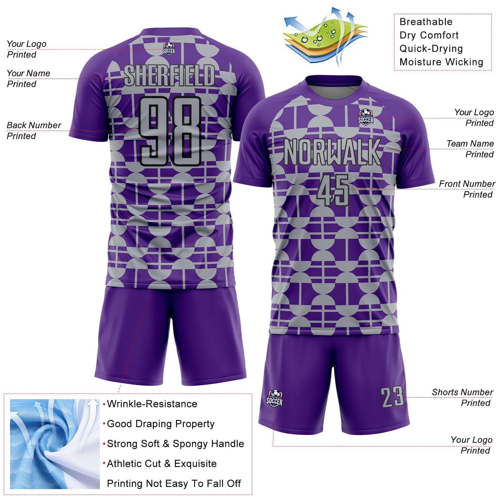 Custom Purple Gray-Black Geometric Shapes Sports Sublimation Soccer Uniform Jersey view 4