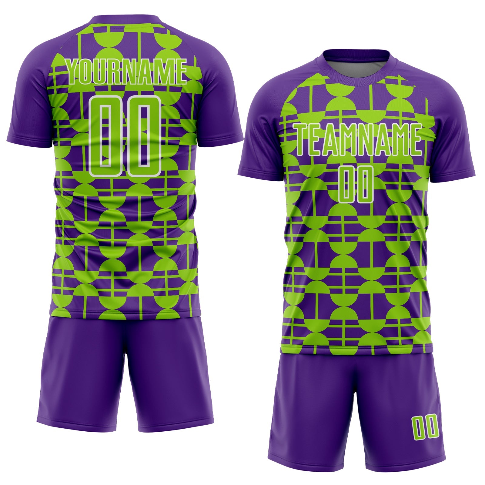 Custom Purple Neon Green-White Geometric Shapes Sports Sublimation Soccer Uniform Jersey view 2