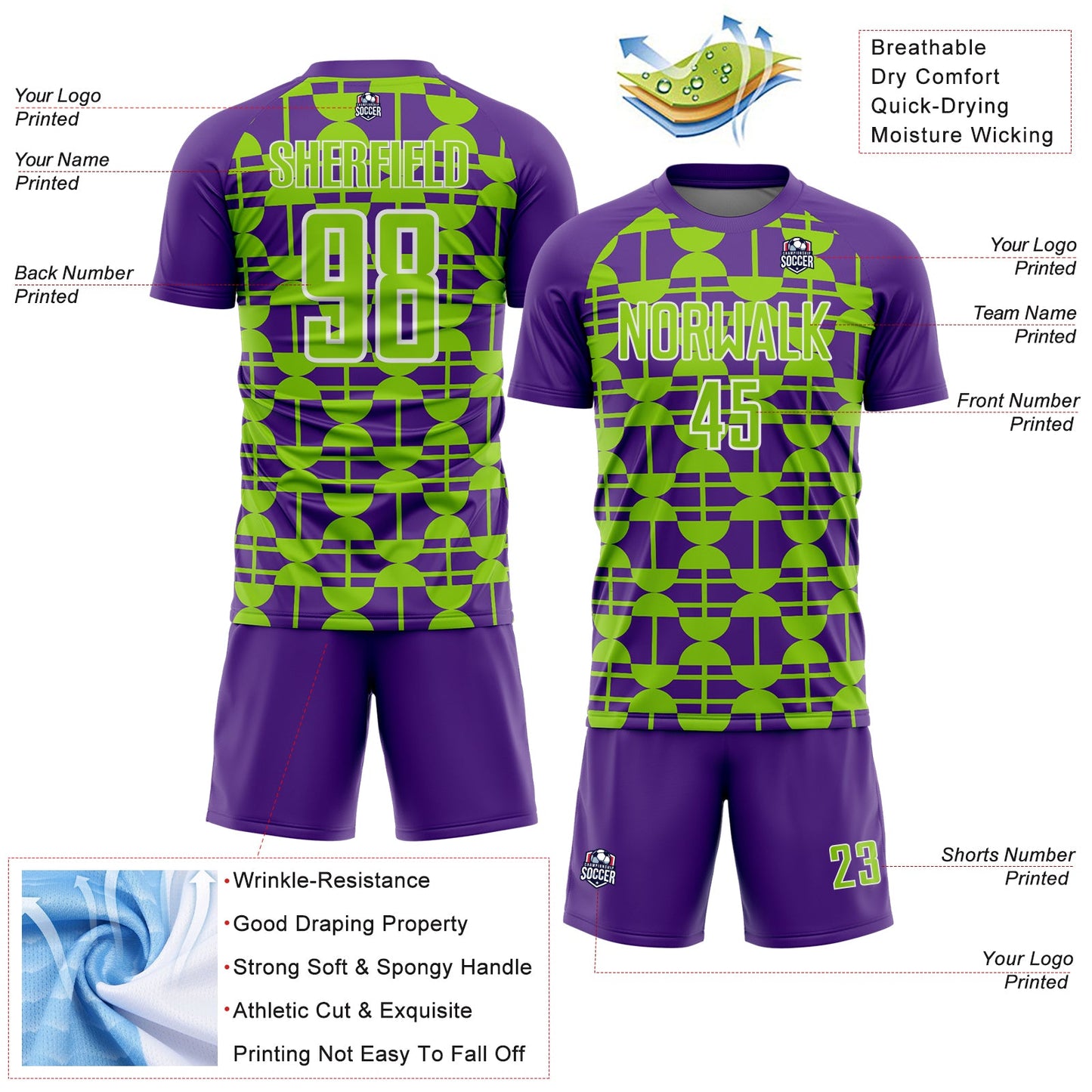 Custom Purple Neon Green-White Geometric Shapes Sports Sublimation Soccer Uniform Jersey view 4