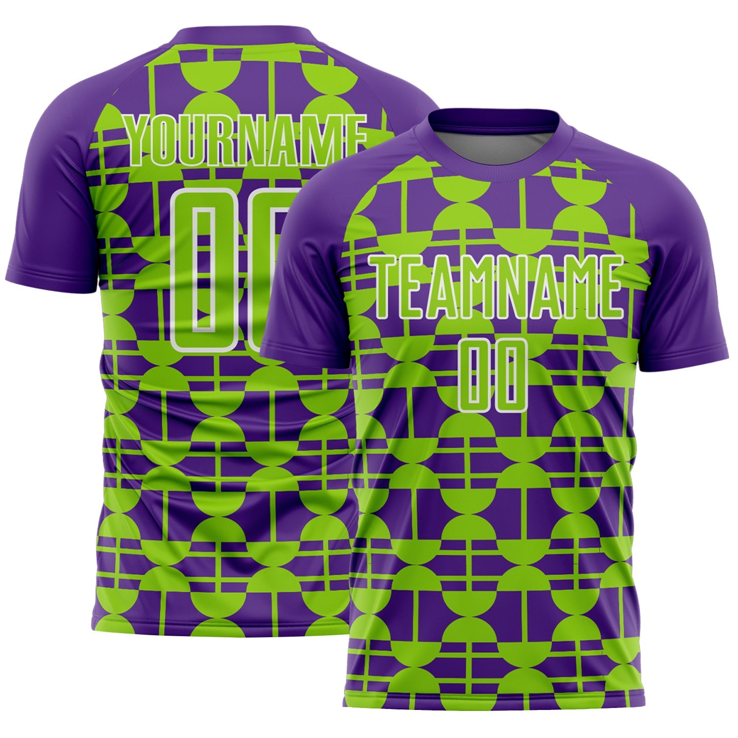 Custom Purple Neon Green-White Geometric Shapes Sports Sublimation Soccer Uniform Jersey - Main View