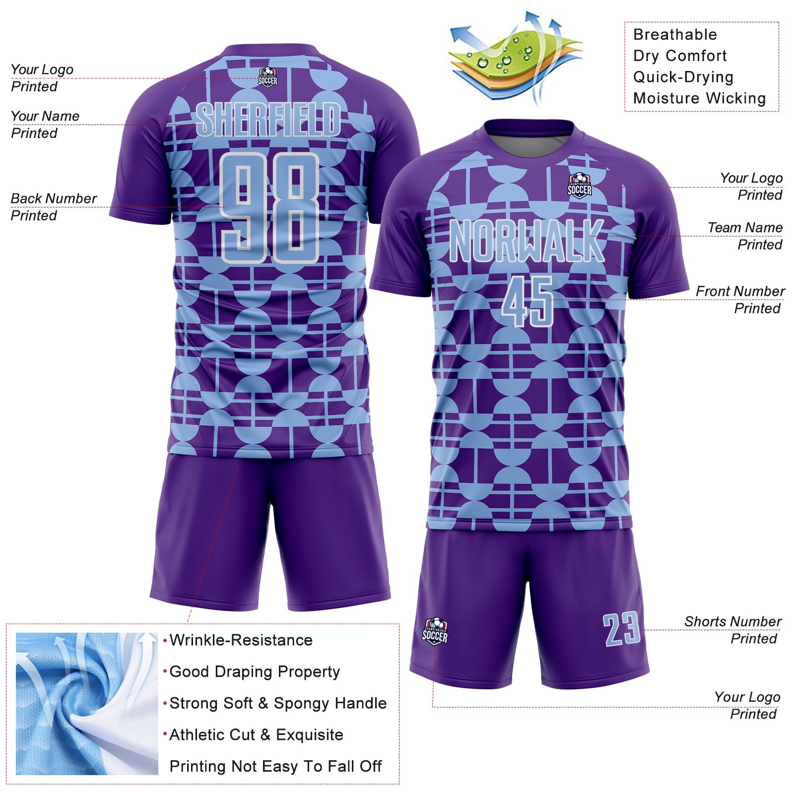 Custom Purple Light Blue-White Geometric Shapes Sports Sublimation Soccer Uniform Jersey view 4