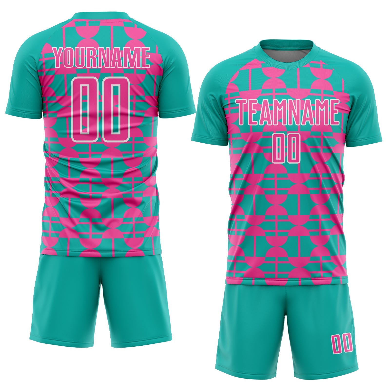 Custom Aqua Pink-White Geometric Shapes Sports Sublimation Soccer Uniform Jersey view 2