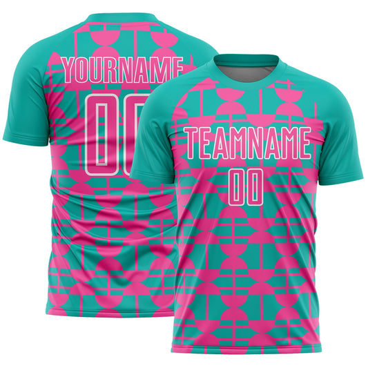 Custom Aqua Pink-White Geometric Shapes Sports Sublimation Soccer Uniform Jersey - Main View