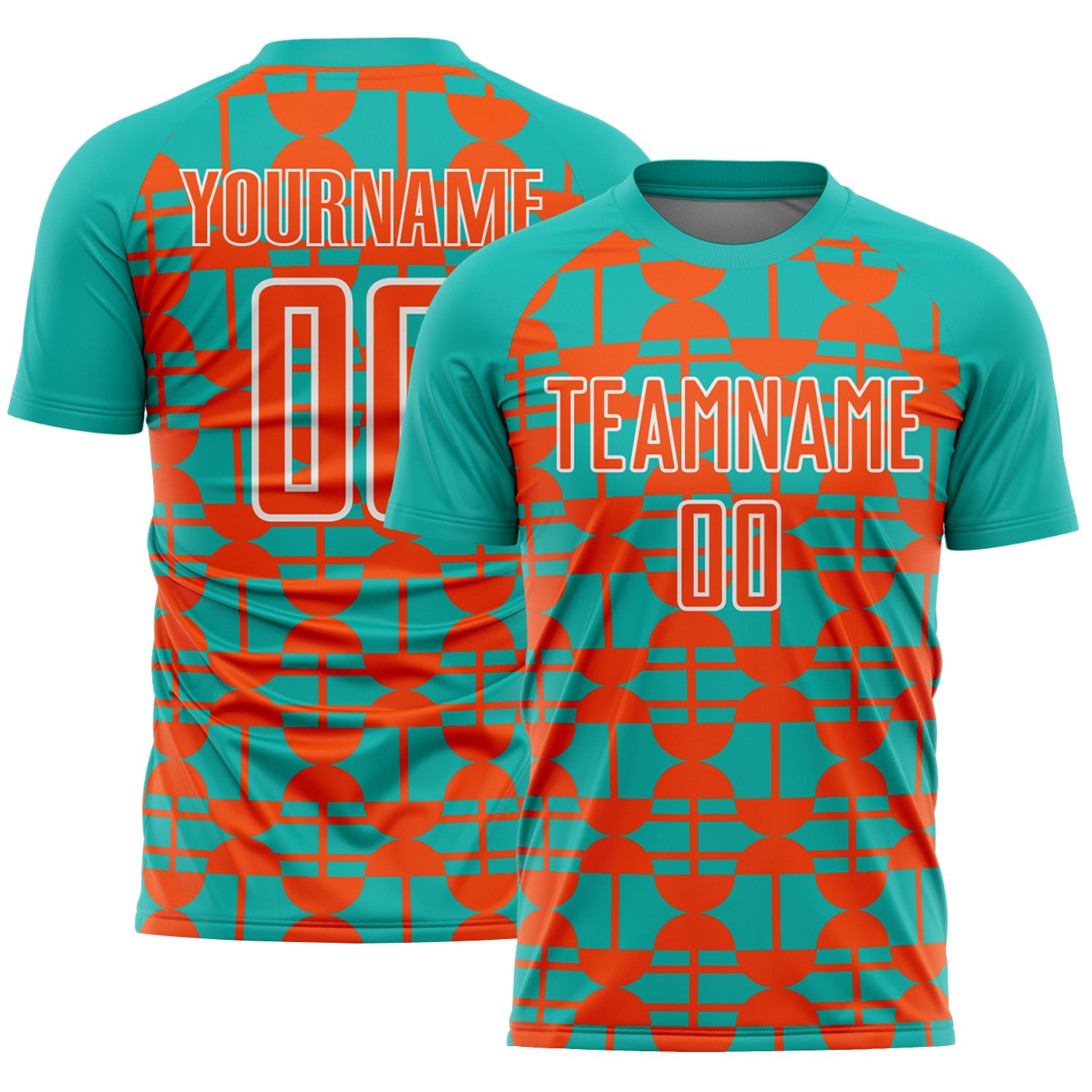 Custom Aqua Orange-White Geometric Shapes Sports Sublimation Soccer Uniform Jersey - Main View