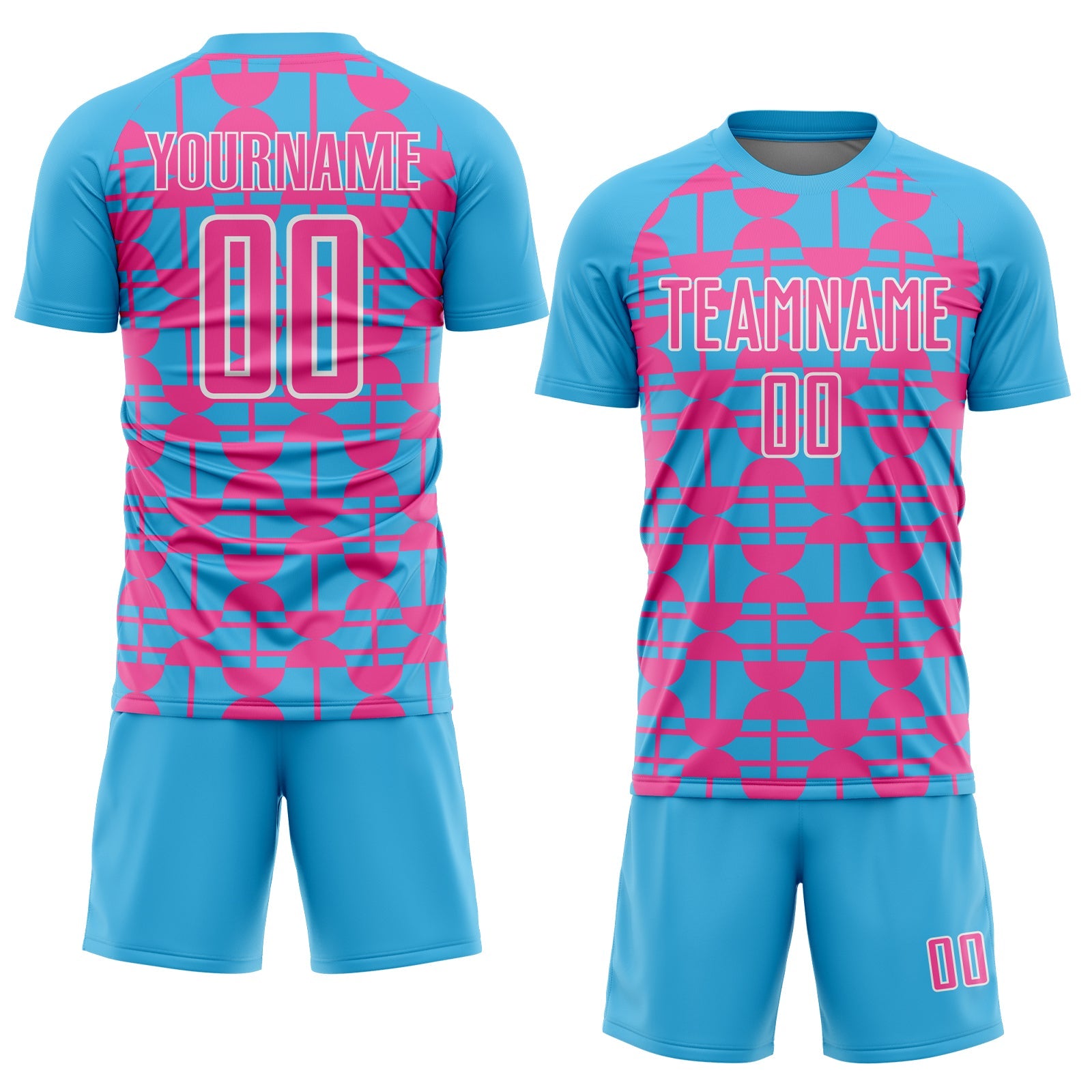 Custom Sky Blue Pink-White Geometric Shapes Sports Sublimation Soccer Uniform Jersey view 2
