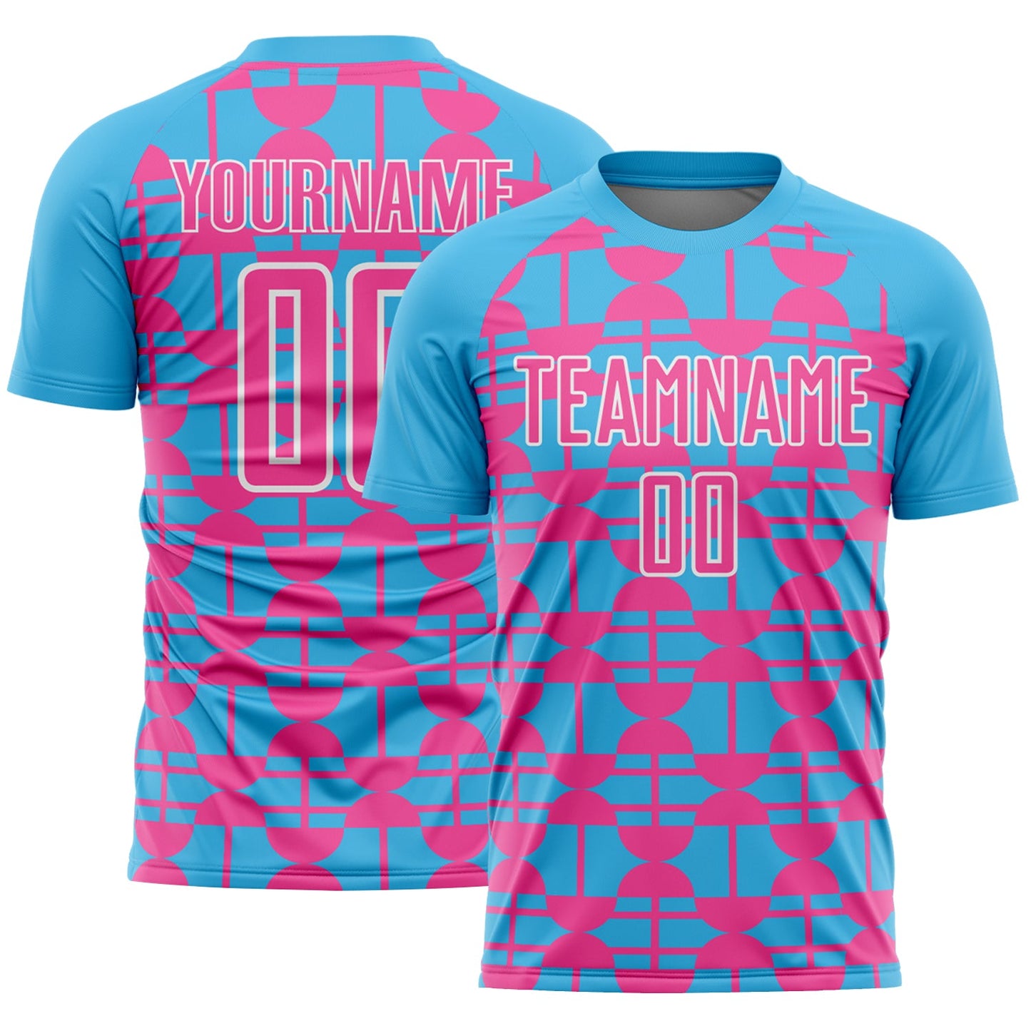 Custom Sky Blue Pink-White Geometric Shapes Sports Sublimation Soccer Uniform Jersey - Main View
