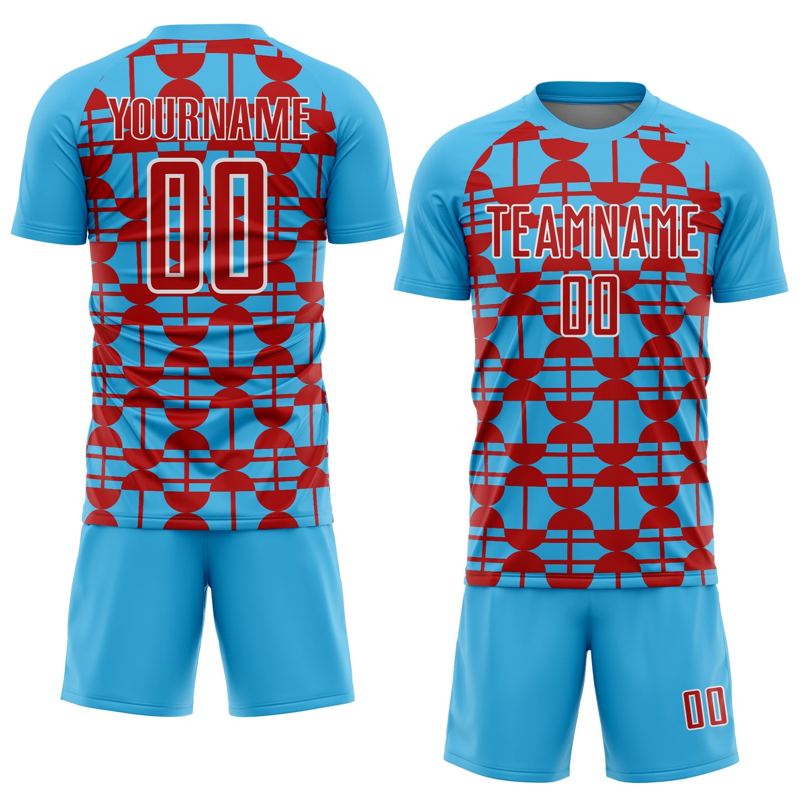 Custom Sky Blue Red-White Geometric Shapes Sports Sublimation Soccer Uniform Jersey view 2