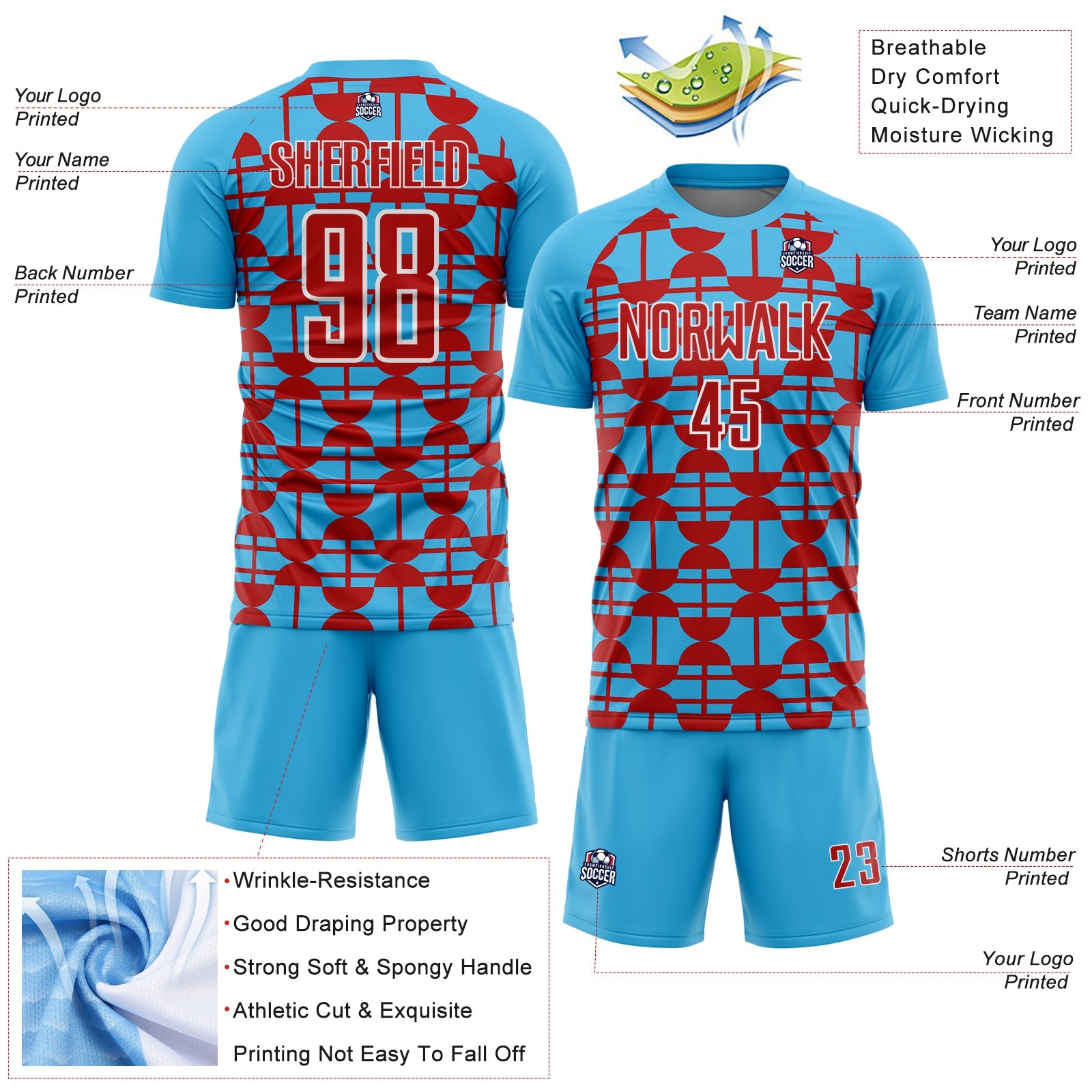 Custom Sky Blue Red-White Geometric Shapes Sports Sublimation Soccer Uniform Jersey view 4