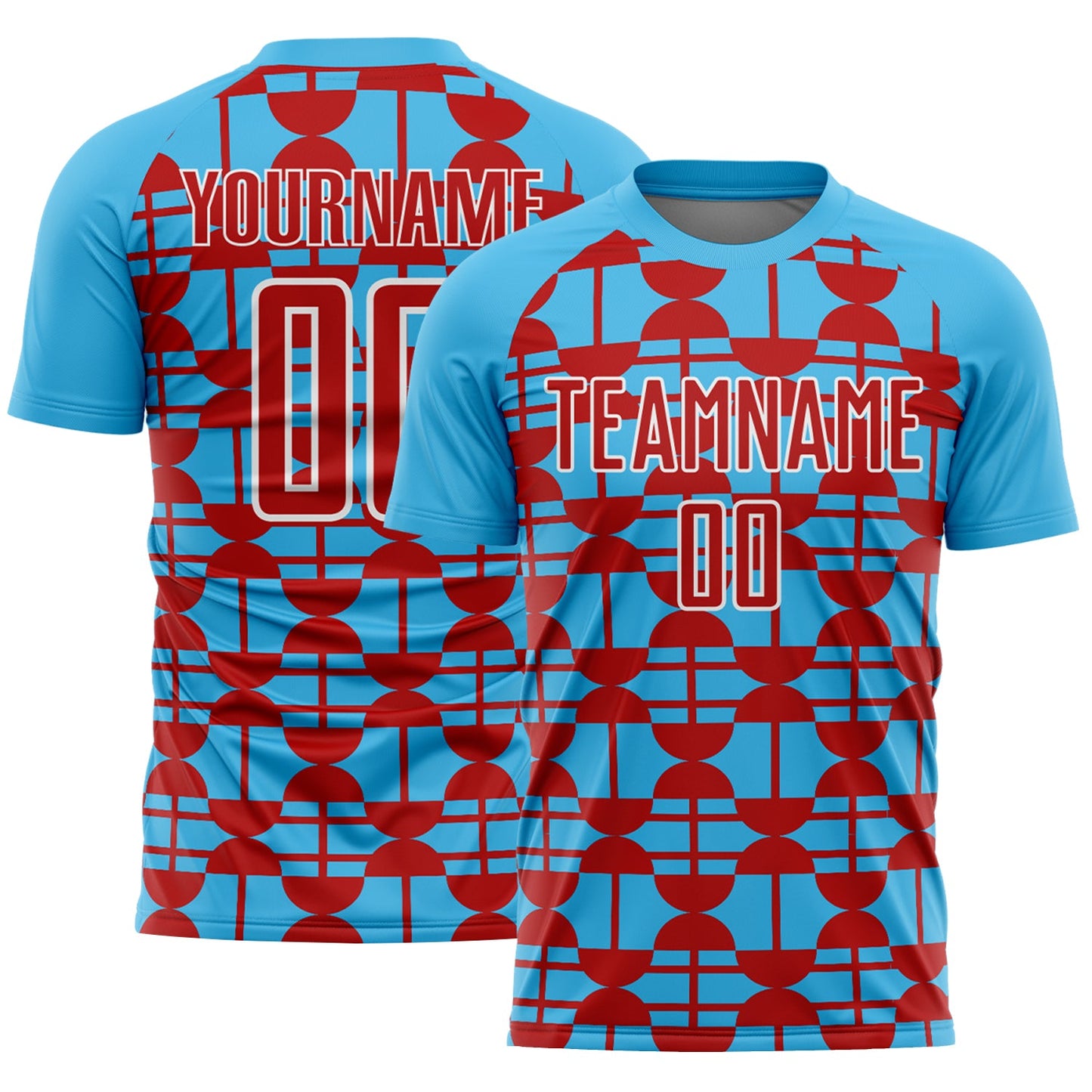 Custom Sky Blue Red-White Geometric Shapes Sports Sublimation Soccer Uniform Jersey - Main View