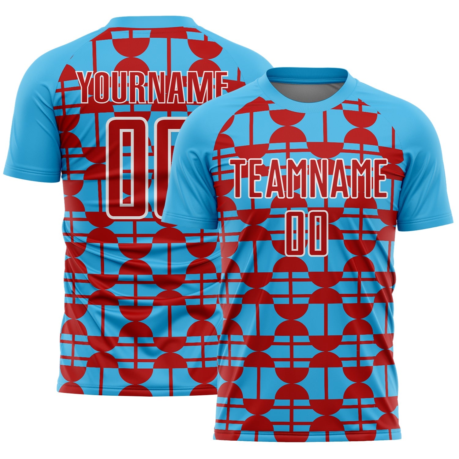 Custom Sky Blue Red-White Geometric Shapes Sports Sublimation Soccer Uniform Jersey - Main View