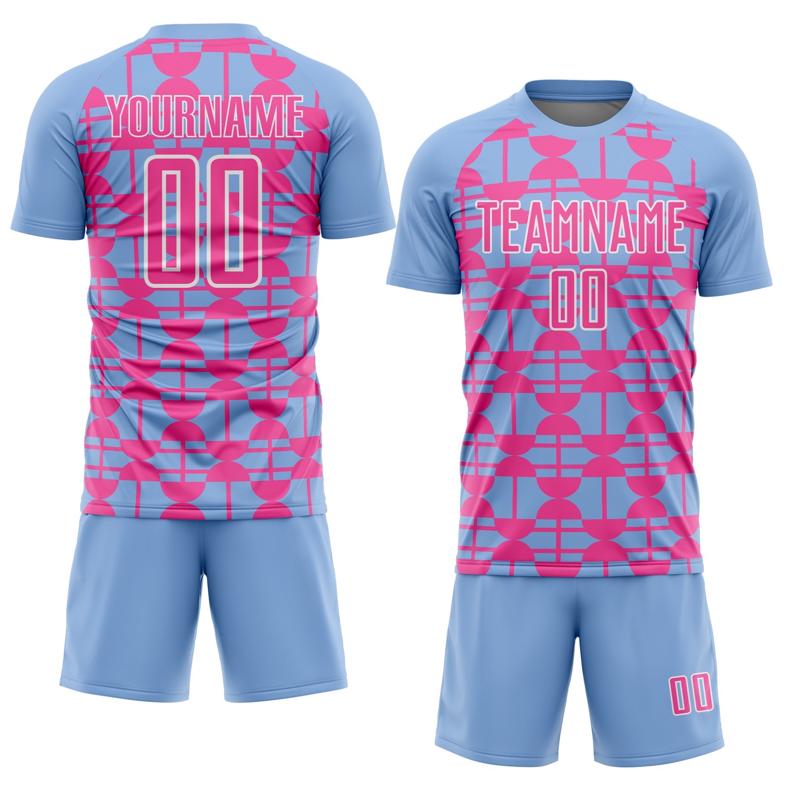 Custom Light Blue Pink-White Geometric Shapes Sports Sublimation Soccer Uniform Jersey view 2