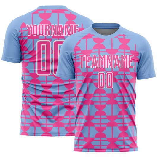Custom Light Blue Pink-White Geometric Shapes Sports Sublimation Soccer Uniform Jersey - Main View