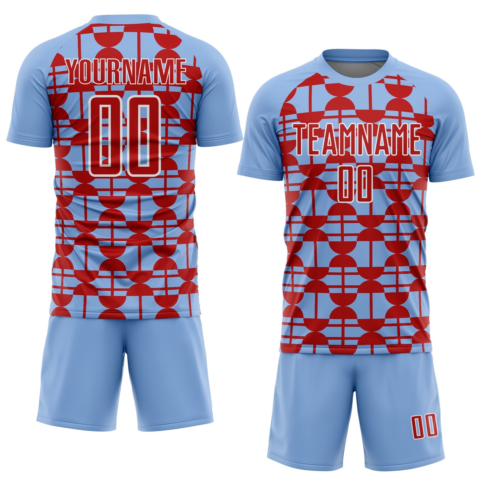 Custom Light Blue Red-White Geometric Shapes Sports Sublimation Soccer Uniform Jersey view 2