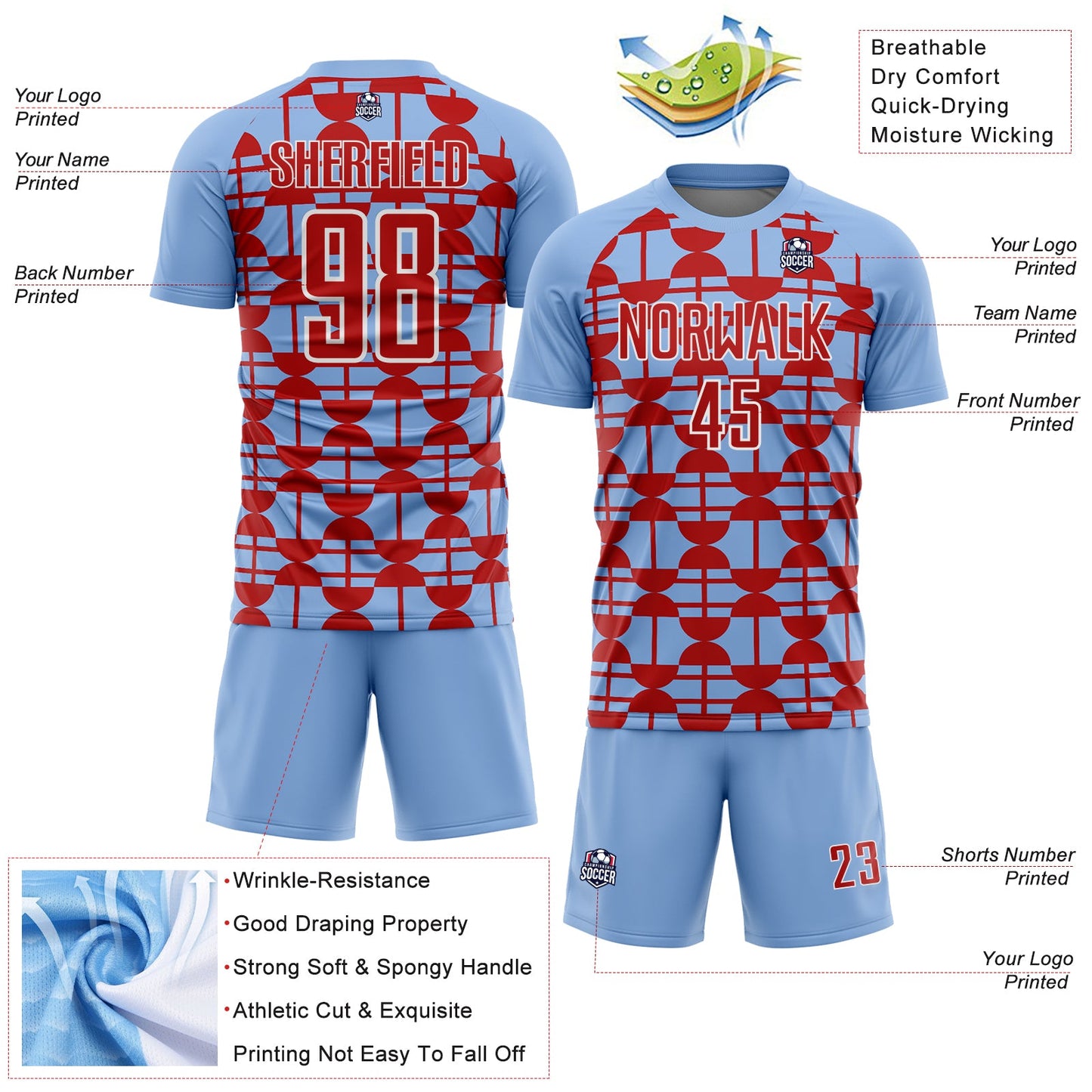 Custom Light Blue Red-White Geometric Shapes Sports Sublimation Soccer Uniform Jersey view 4