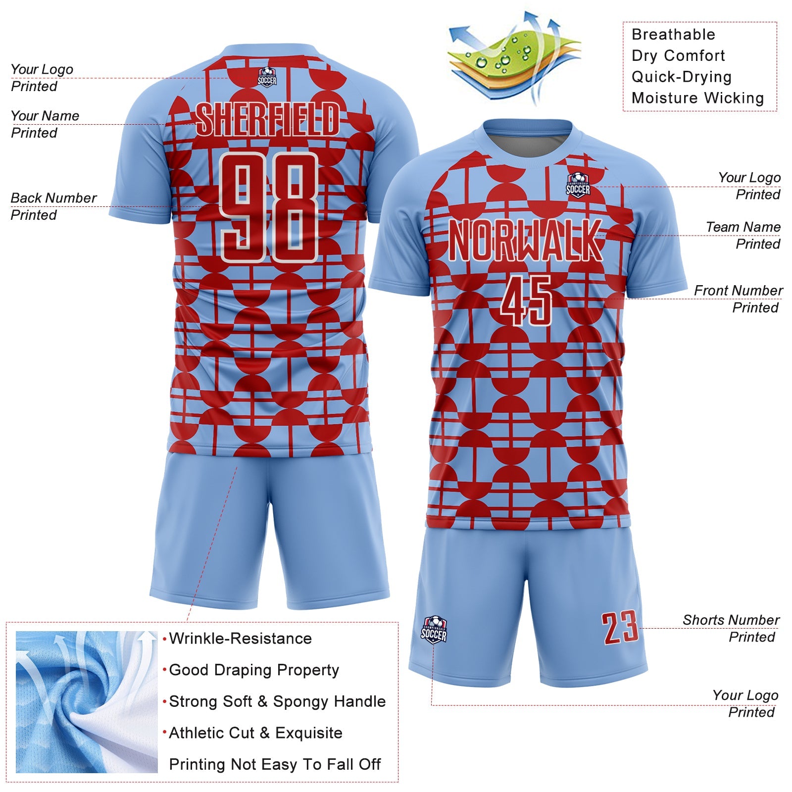 Custom Light Blue Red-White Geometric Shapes Sports Sublimation Soccer Uniform Jersey view 4