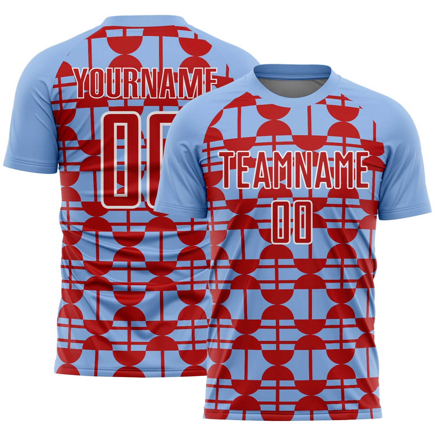 Custom Light Blue Red-White Geometric Shapes Sports Sublimation Soccer Uniform Jersey - Main View