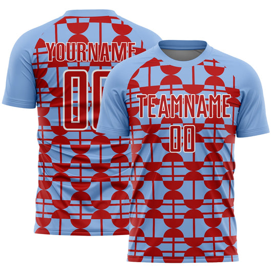 Custom Light Blue Red-White Geometric Shapes Sports Sublimation Soccer Uniform Jersey - Main View