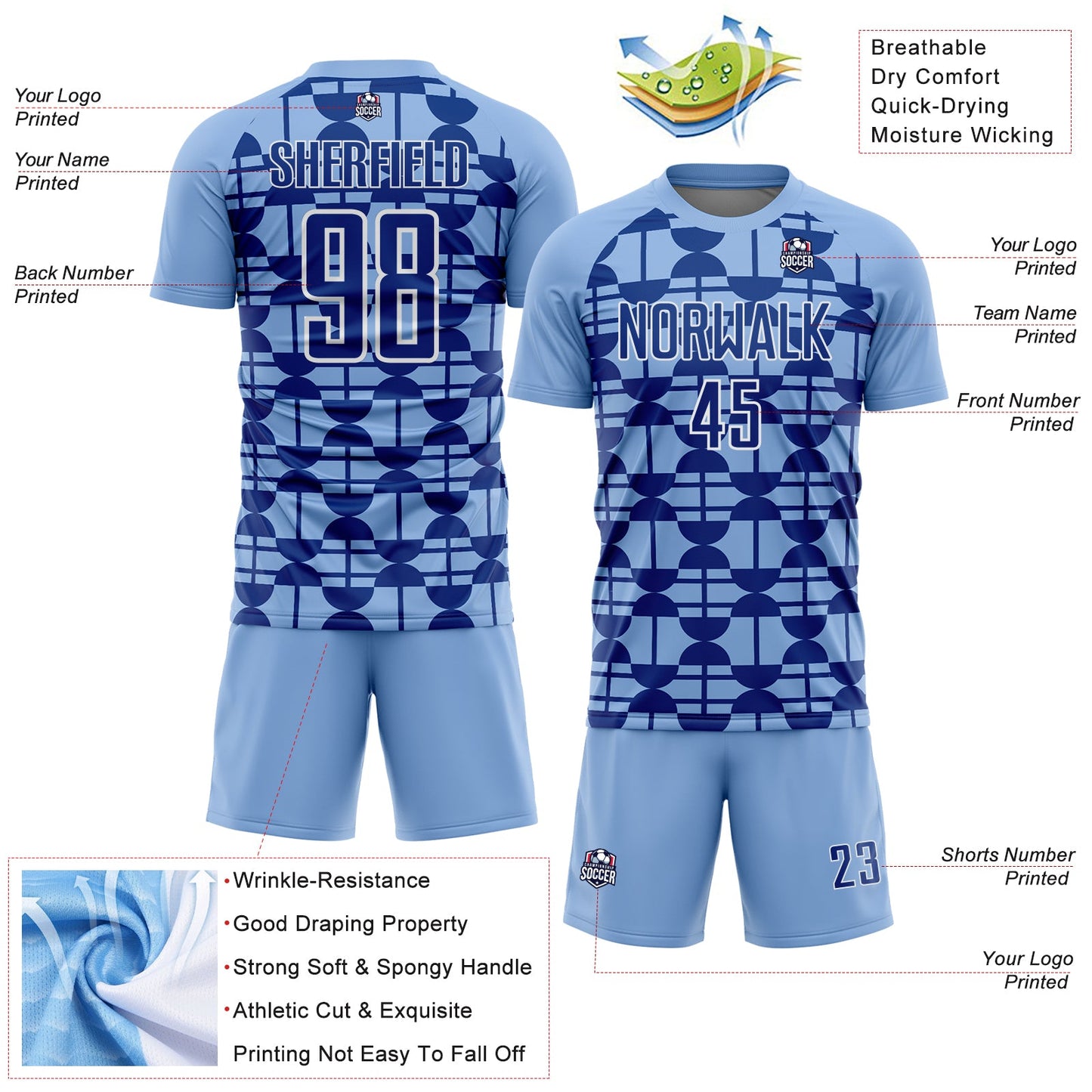 Custom Light Blue Royal-White Geometric Shapes Sports Sublimation Soccer Uniform Jersey view 4