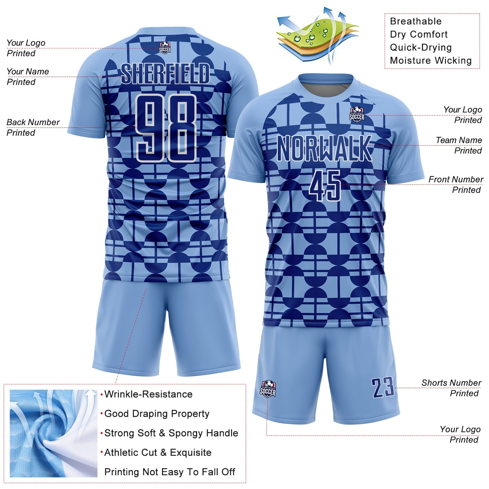 Custom Light Blue Royal-White Geometric Shapes Sports Sublimation Soccer Uniform Jersey view 4