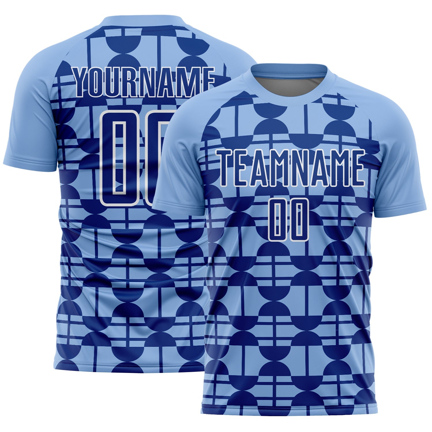 Custom Light Blue Royal-White Geometric Shapes Sports Sublimation Soccer Uniform Jersey - Main View