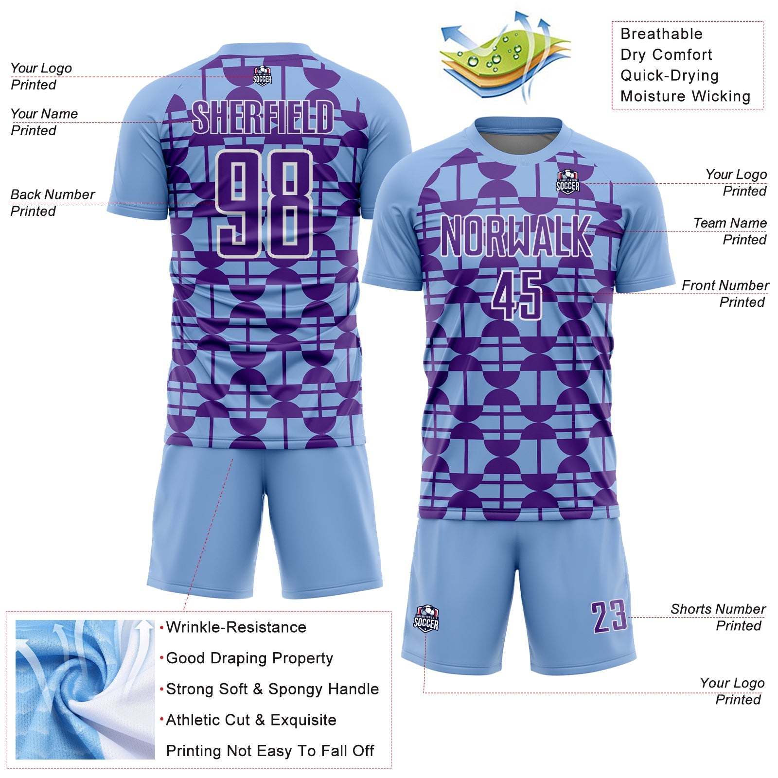 Custom Light Blue Purple-White Geometric Shapes Sports Sublimation Soccer Uniform Jersey view 4