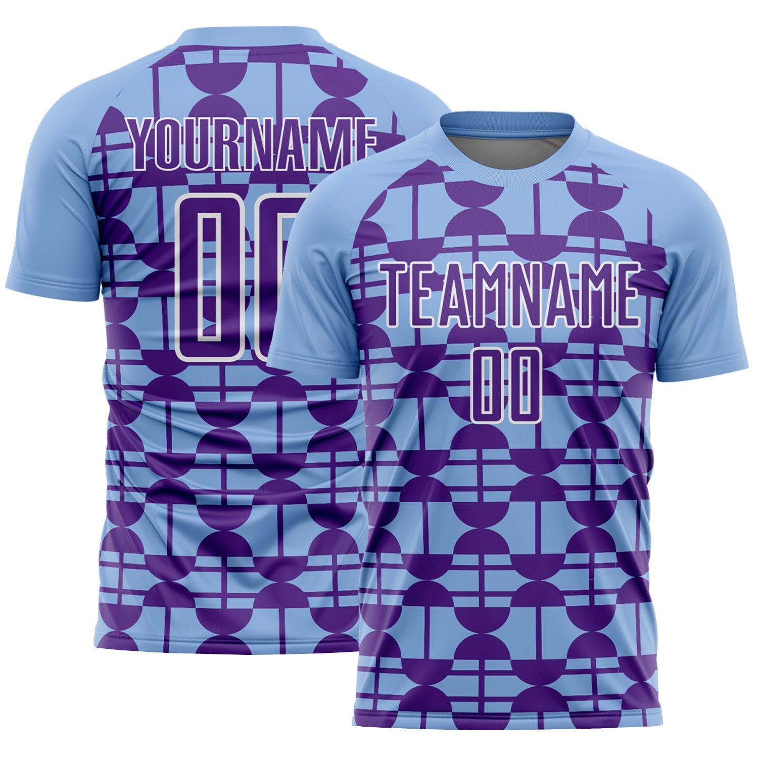 Custom Light Blue Purple-White Geometric Shapes Sports Sublimation Soccer Uniform Jersey - Main View