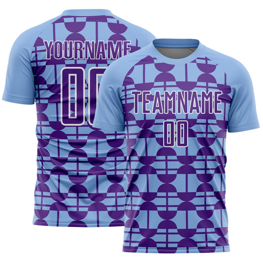 Custom Light Blue Purple-White Geometric Shapes Sports Sublimation Soccer Uniform Jersey - Main View
