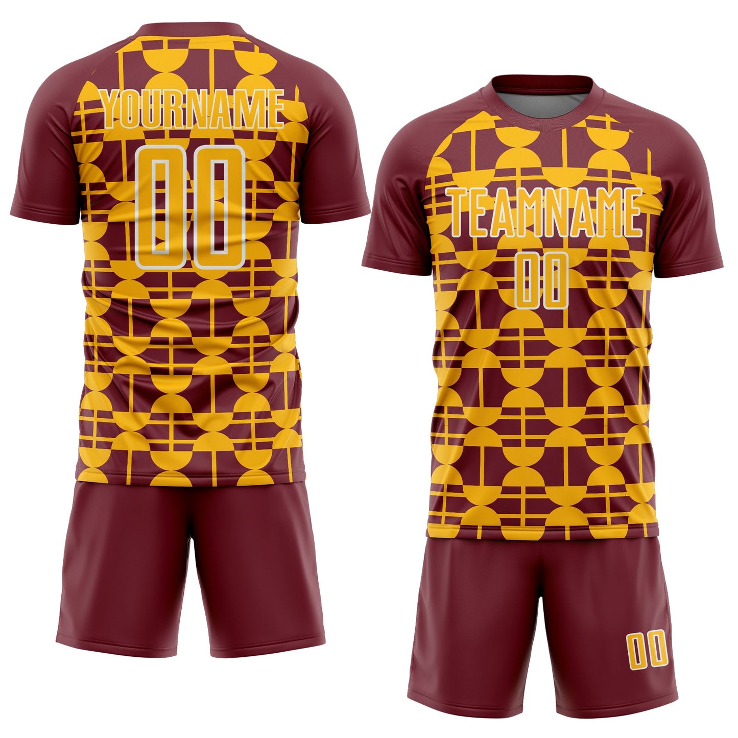 Custom Burgundy Gold-White Geometric Shapes Sports Sublimation Soccer Uniform Jersey view 2