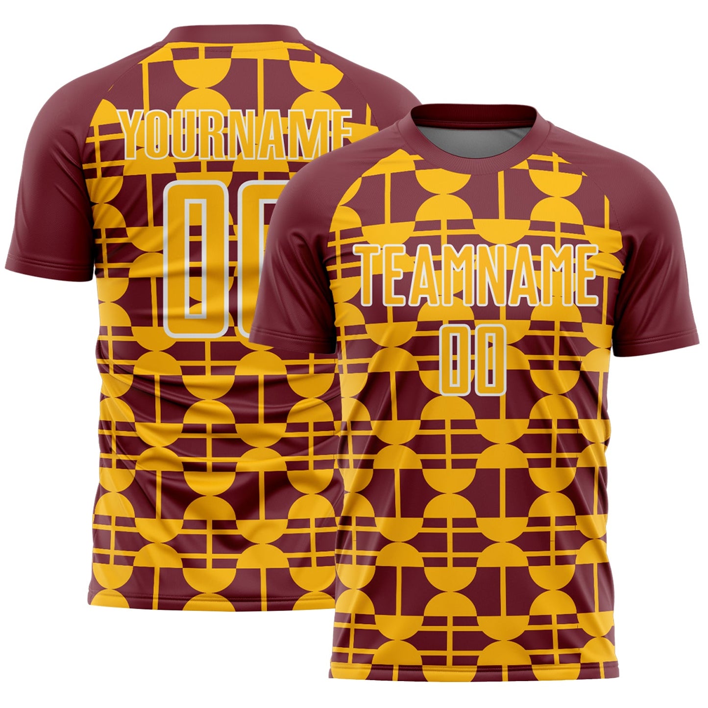 Custom Burgundy Gold-White Geometric Shapes Sports Sublimation Soccer Uniform Jersey - Main View