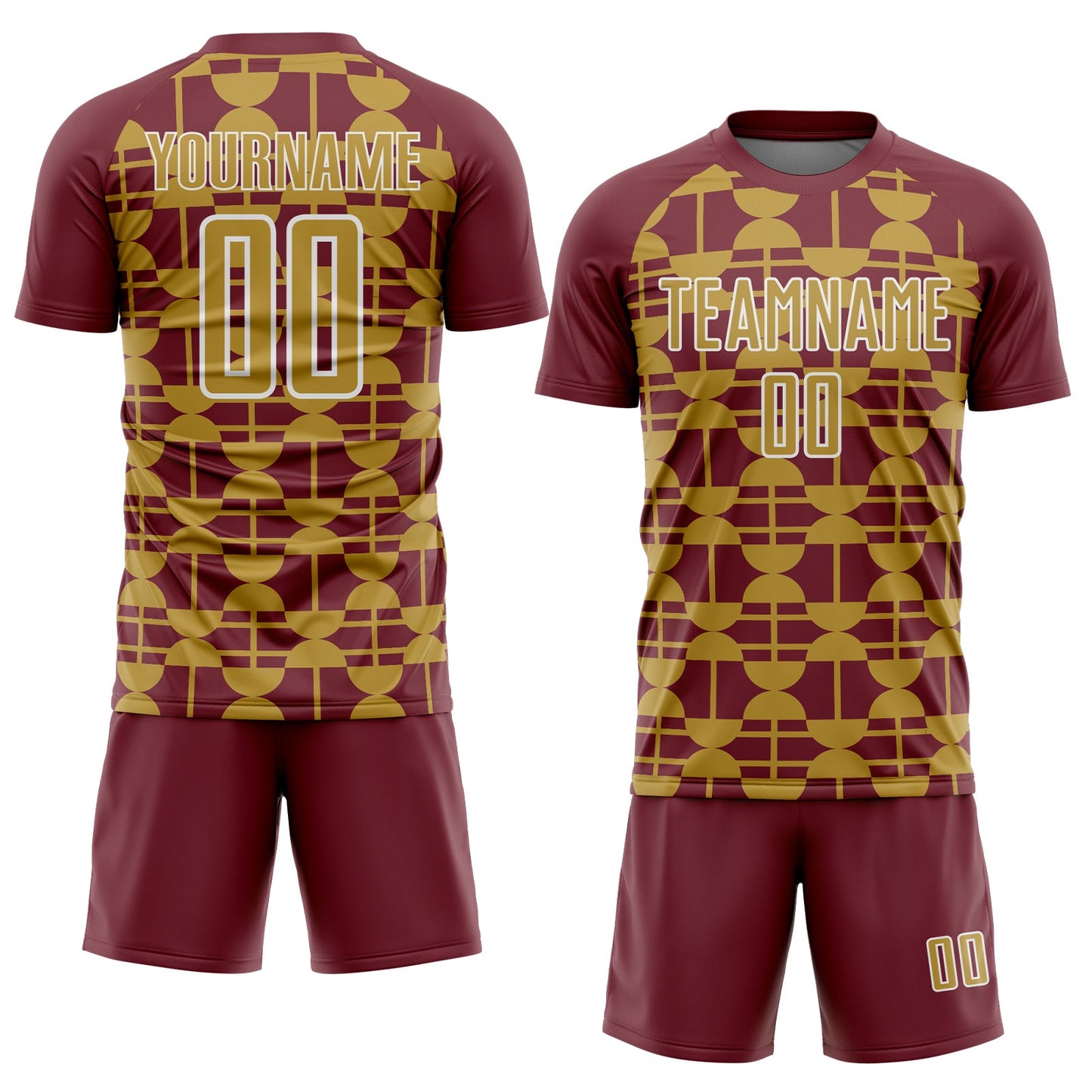 Custom Burgundy Old Gold-White Geometric Shapes Sports Sublimation Soccer Uniform Jersey view 2