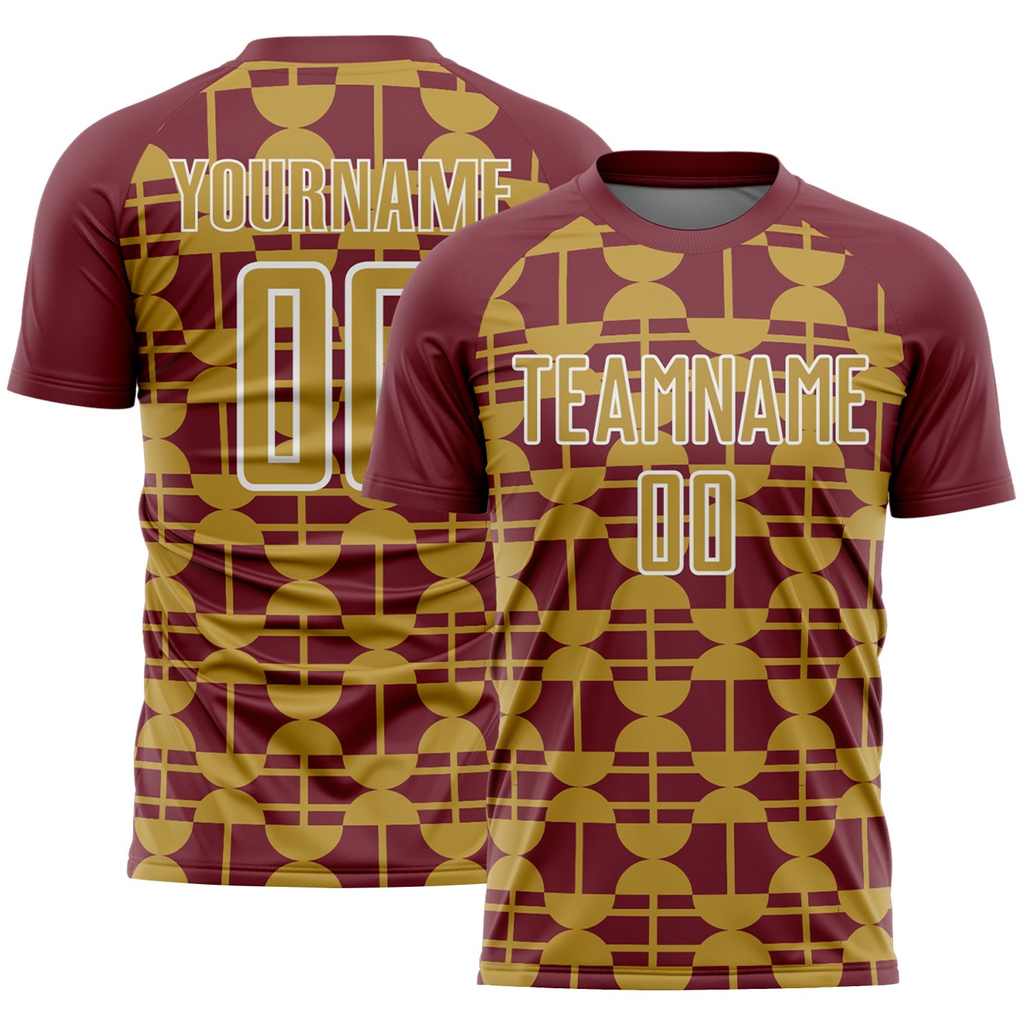 Custom Burgundy Old Gold-White Geometric Shapes Sports Sublimation Soccer Uniform Jersey - Main View