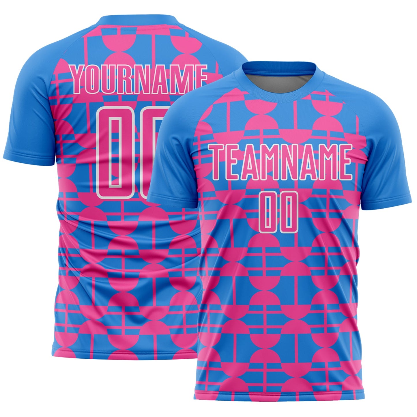 Custom Powder Blue Pink-White Geometric Shapes Sports Sublimation Soccer Uniform Jersey - Main View