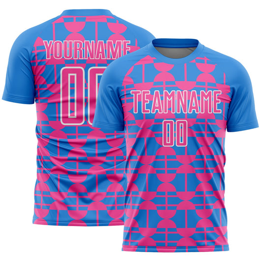 Custom Powder Blue Pink-White Geometric Shapes Sports Sublimation Soccer Uniform Jersey - Main View