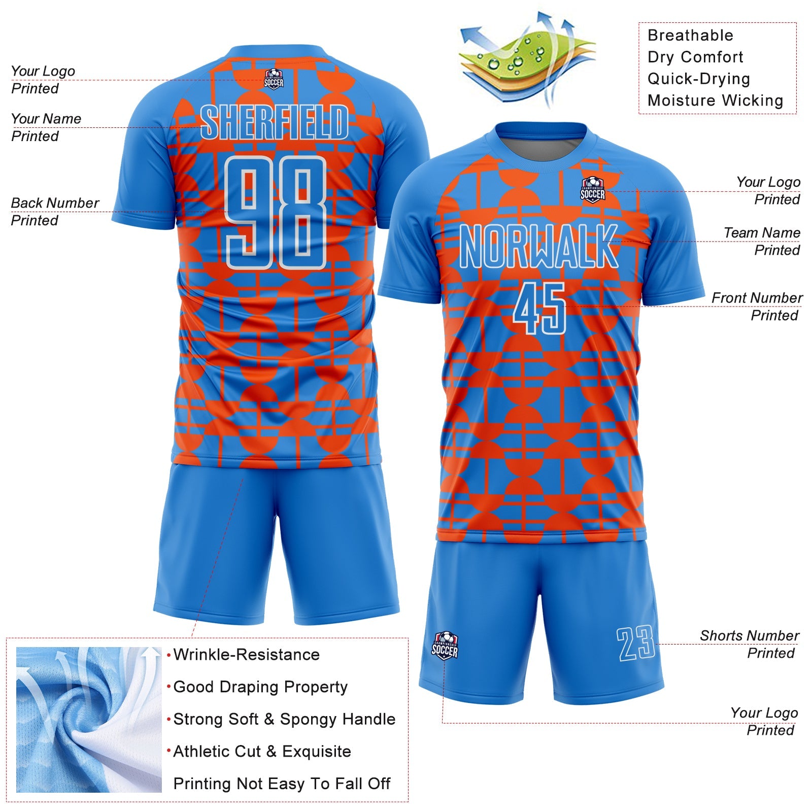Custom Powder Blue Orange-White Geometric Shapes Sports Sublimation Soccer Uniform Jersey view 4