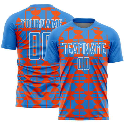 Custom Powder Blue Orange-White Geometric Shapes Sports Sublimation Soccer Uniform Jersey - Main View