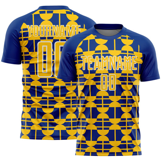 Custom Royal Yellow-White Geometric Shapes Sports Sublimation Soccer Uniform Jersey - Main View