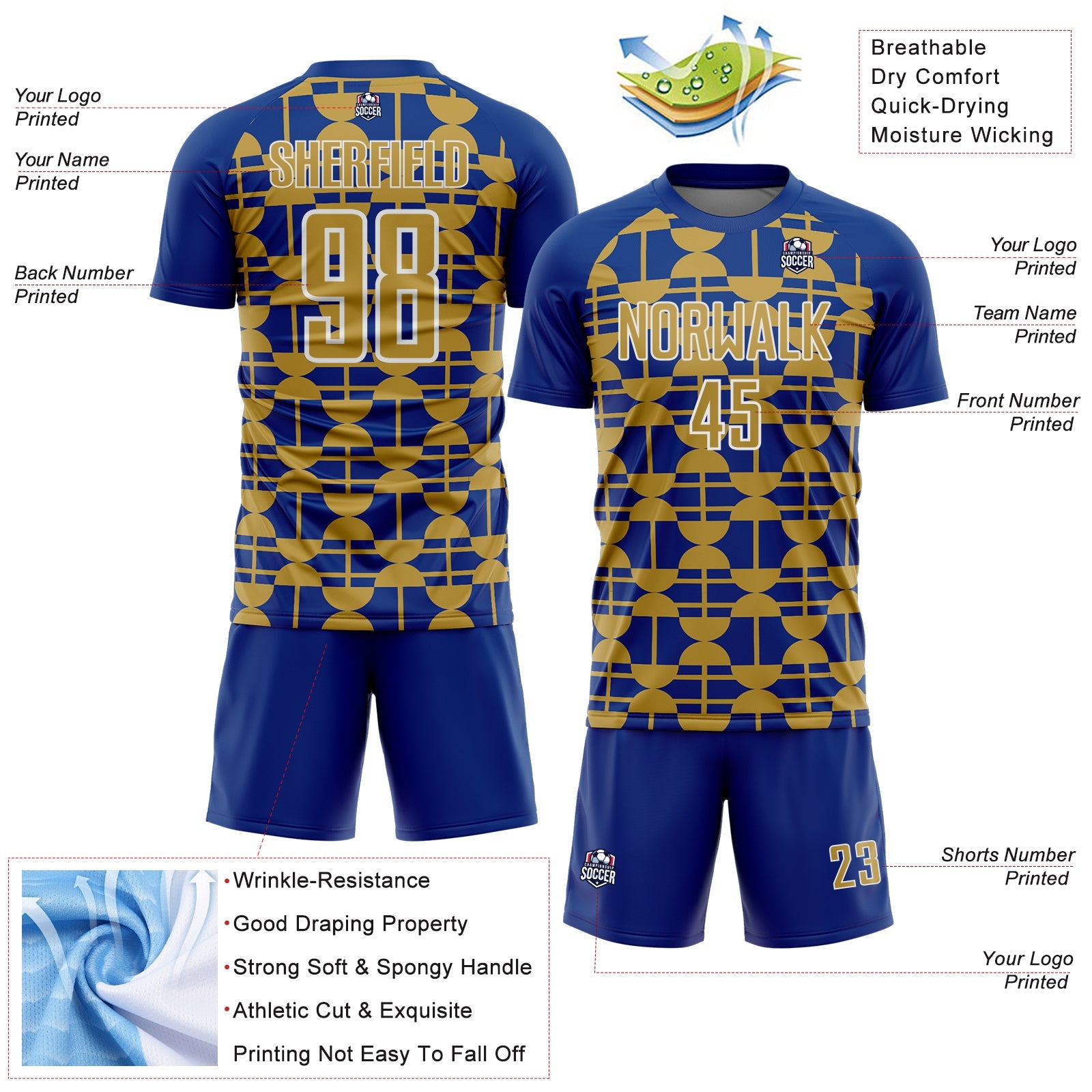 Custom Royal Old Gold-White Geometric Shapes Sports Sublimation Soccer Uniform Jersey view 4