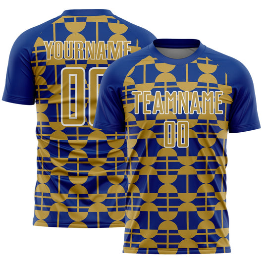 Custom Royal Old Gold-White Geometric Shapes Sports Sublimation Soccer Uniform Jersey - Main View