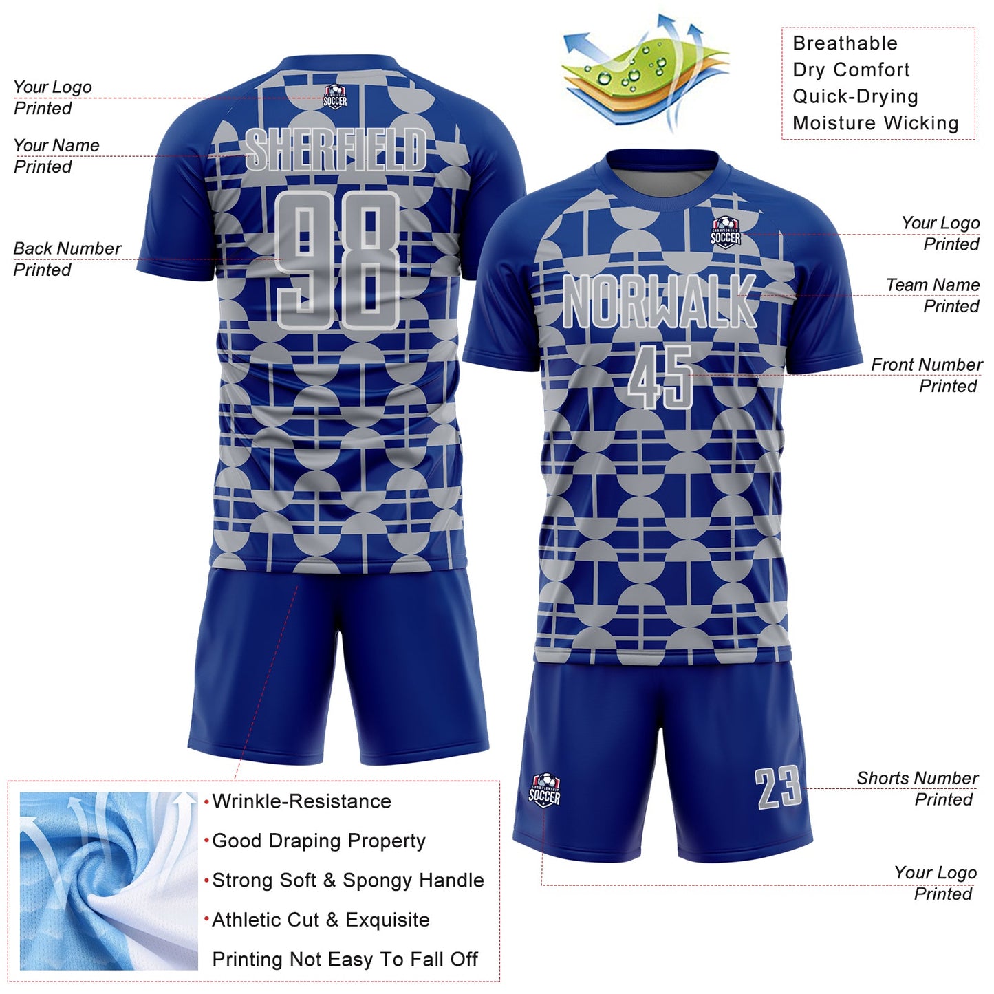 Custom Royal Gray-White Geometric Shapes Sports Sublimation Soccer Uniform Jersey view 4