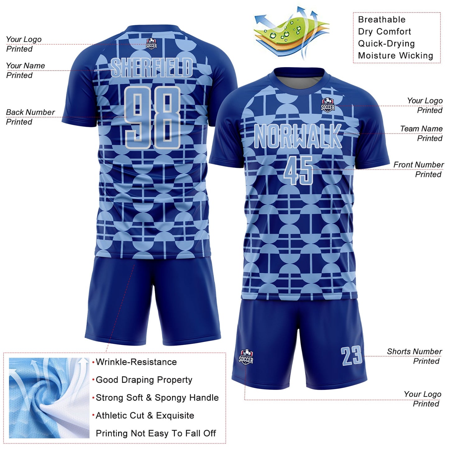 Custom Royal Light Blue-White Geometric Shapes Sports Sublimation Soccer Uniform Jersey view 4