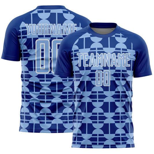 Custom Royal Light Blue-White Geometric Shapes Sports Sublimation Soccer Uniform Jersey - Main View