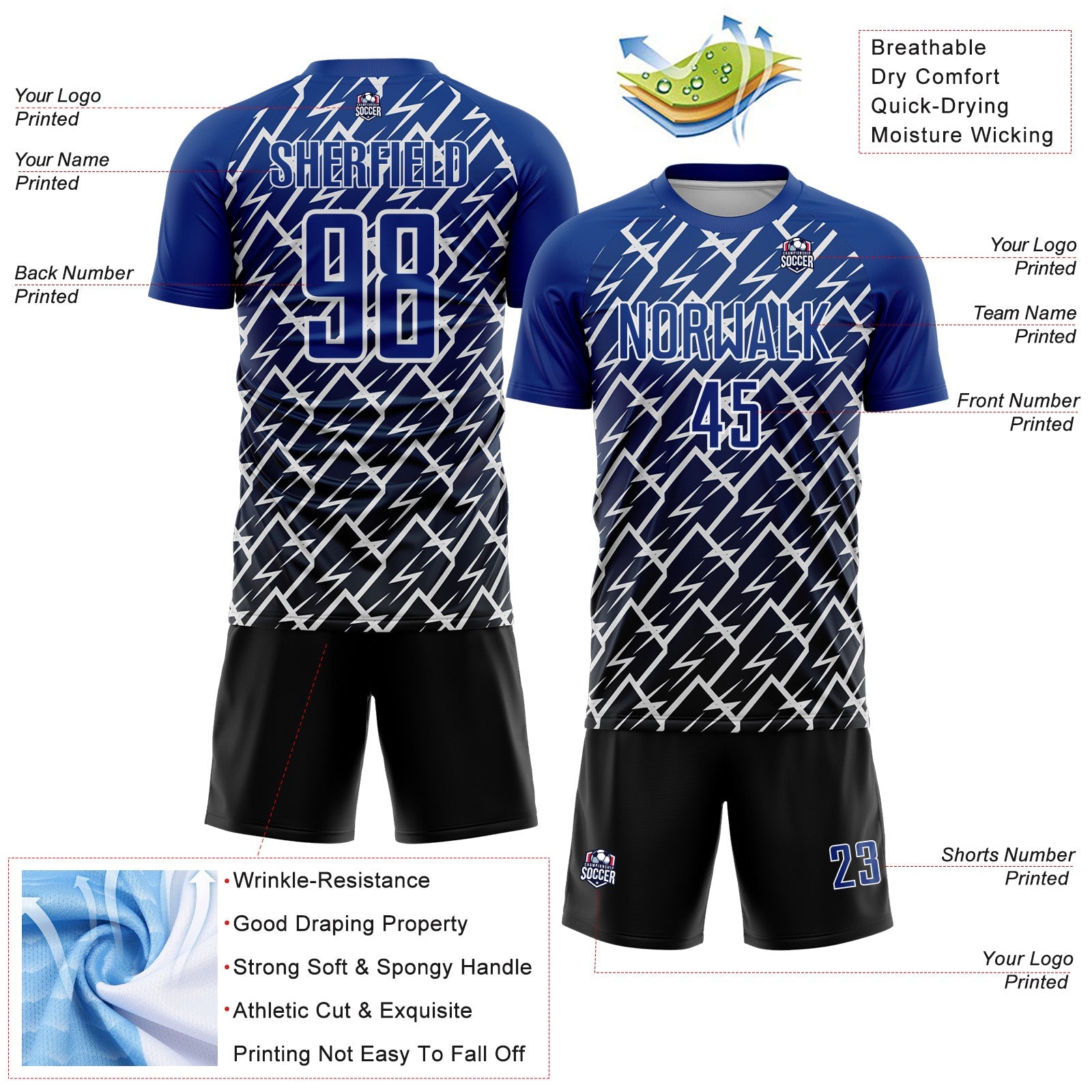 Custom Royal Black-White Lightning Sports Sublimation Soccer Uniform Jersey view 4
