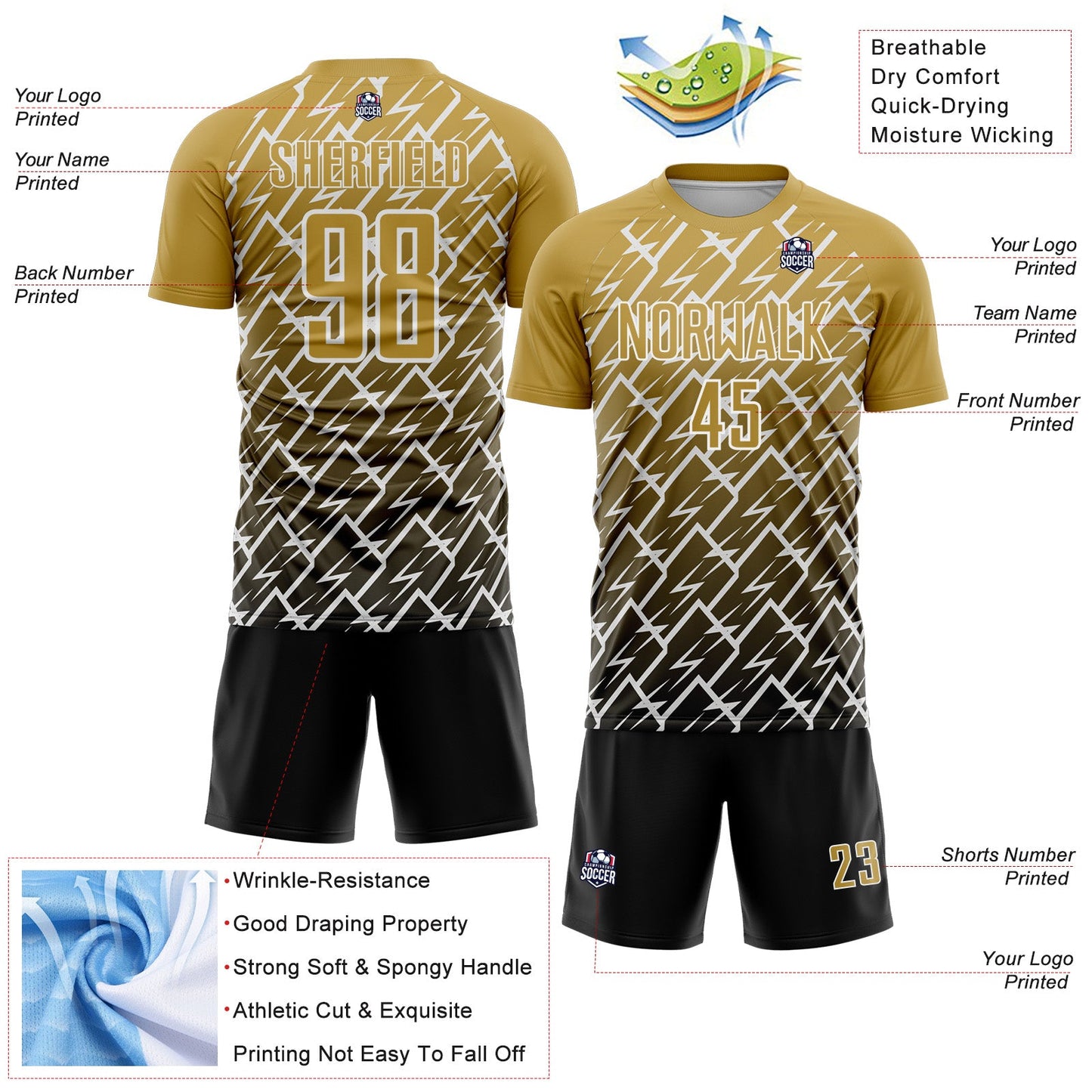 Custom Old Gold Black-White Lightning Sports Sublimation Soccer Uniform Jersey view 4