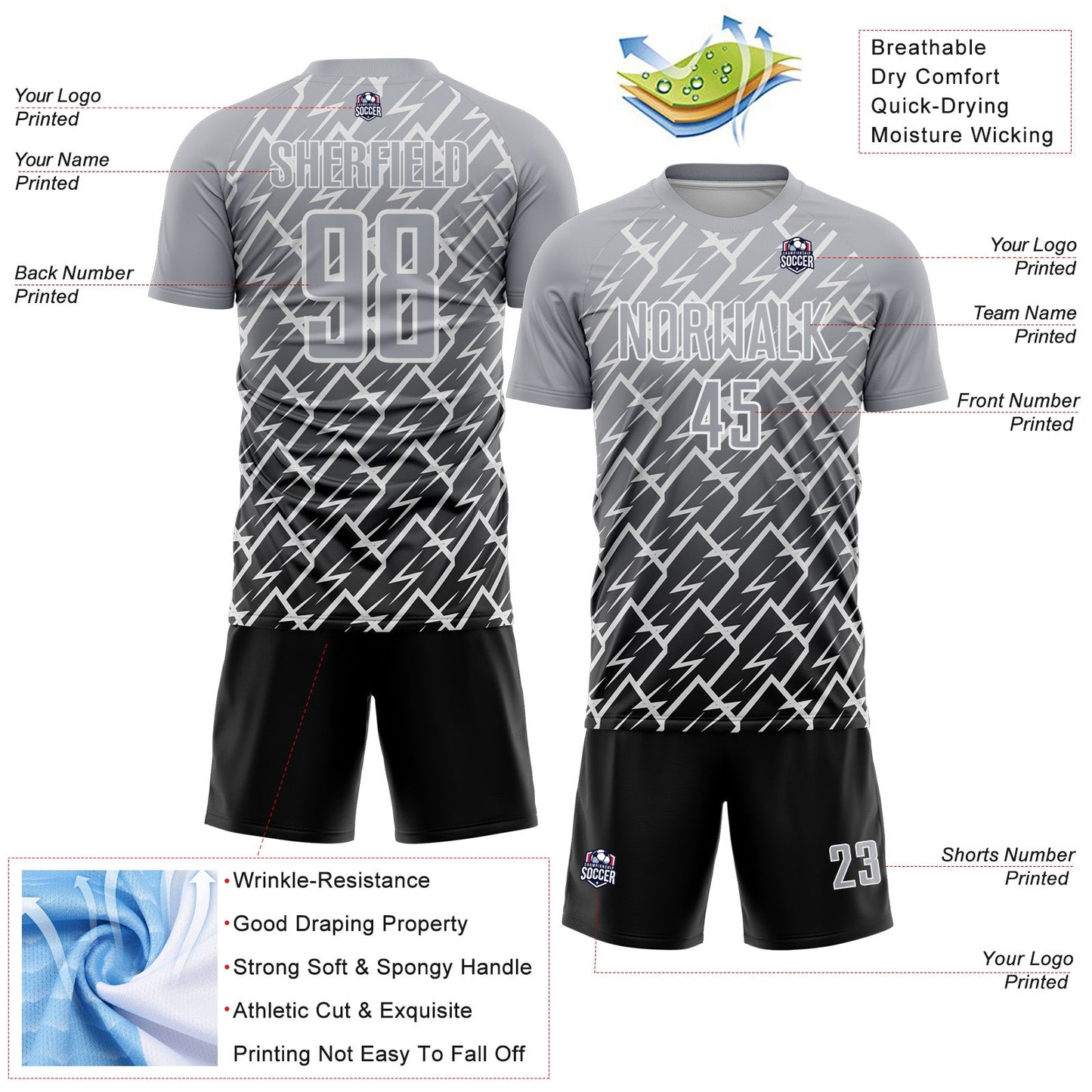 Custom Gray Black-White Lightning Sports Sublimation Soccer Uniform Jersey view 4