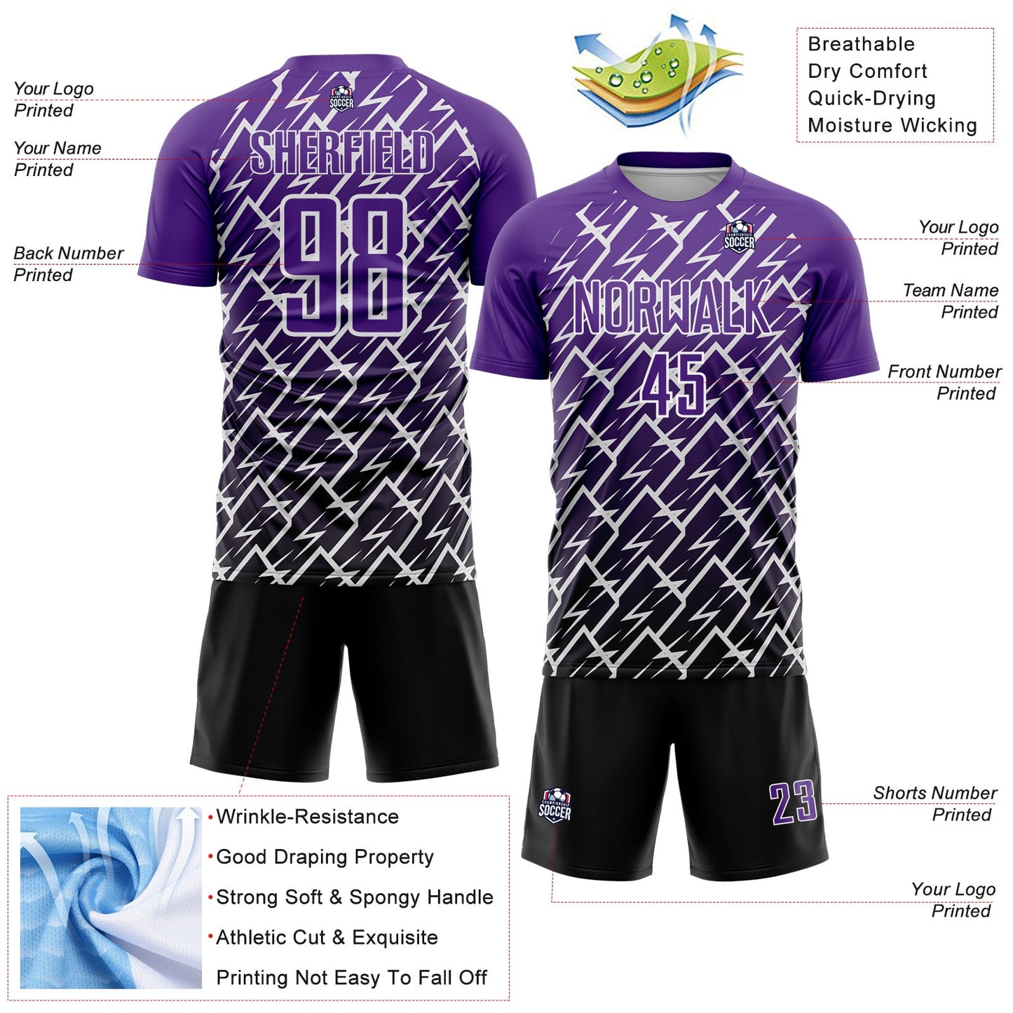 Custom Purple Black-White Lightning Sports Sublimation Soccer Uniform Jersey view 4
