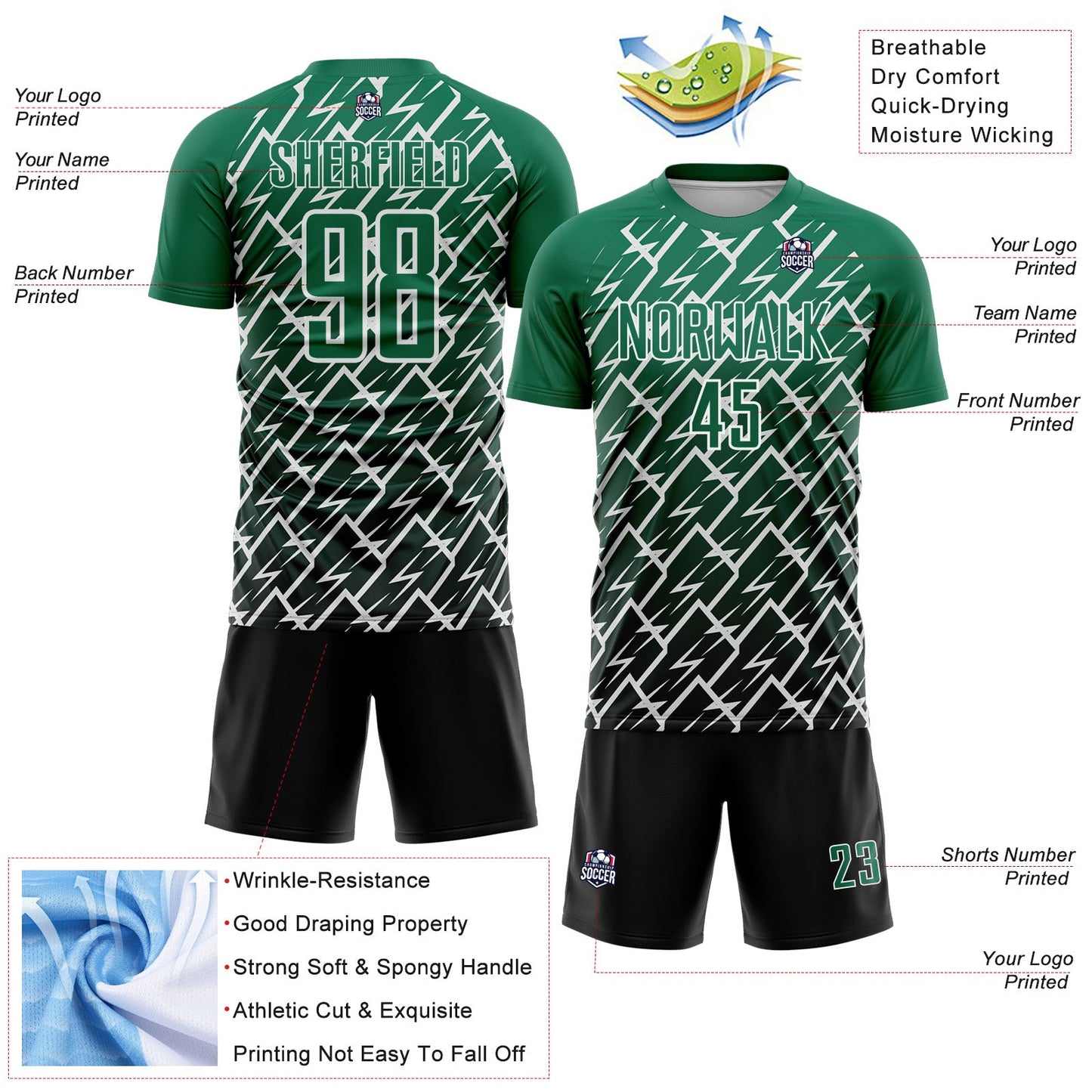 Custom Kelly Green Black-White Lightning Sports Sublimation Soccer Uniform Jersey view 4
